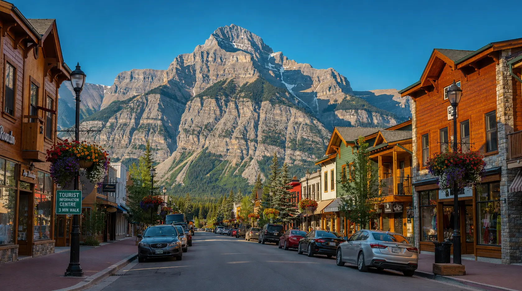 Banff Town street view with mountain backdrop, wooden shops, parked cars, and Canadian Rockies scenery shuttle tour